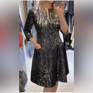 Oscar de la Renta Navy & Metallic Silk Blend Dress